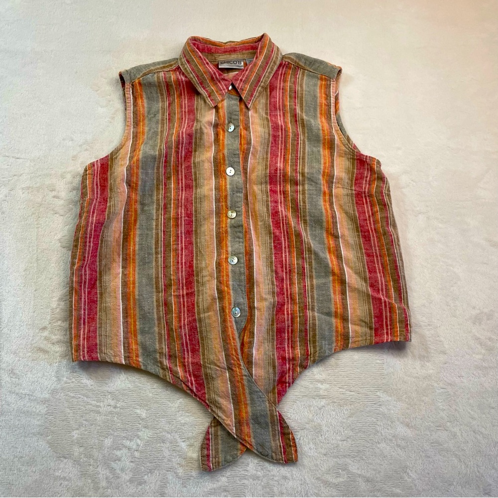 Chicos Women Boho Button Up Front Tie Striped Multi Color Linen Blend Size 1